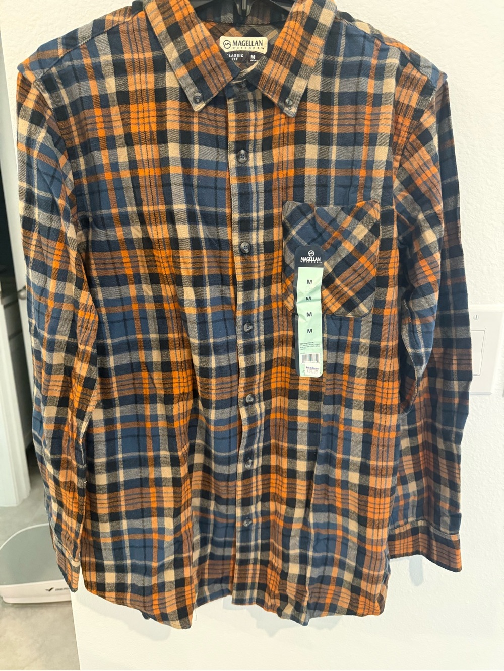 Magellan Outdoors Orange, Blue and Cream Plaid Button-Down Shirt